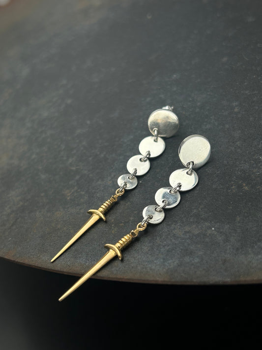 Sterling Silver Circle Post Earrings with Bronze Swords