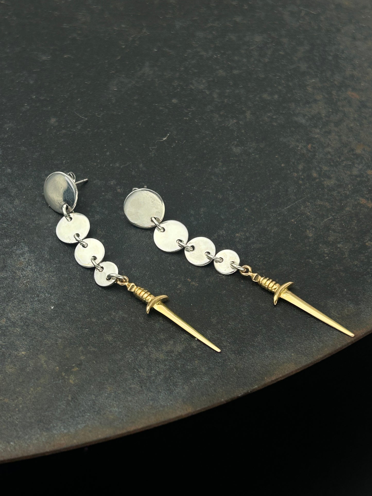 Sterling Silver Circle Post Earrings with Bronze Swords