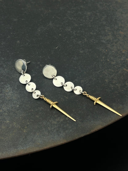 Sterling Silver Circle Post Earrings with Bronze Swords