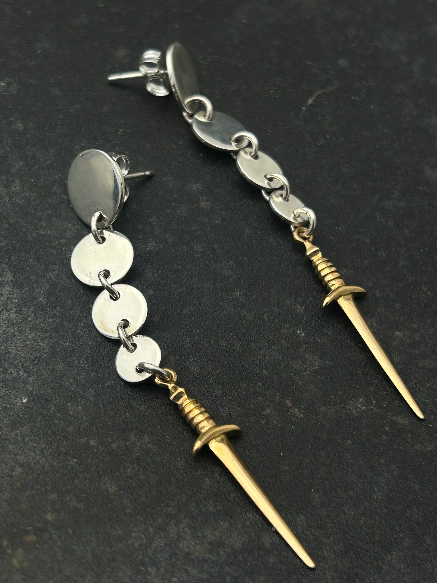 Sterling Silver Circle Post Earrings with Bronze Swords