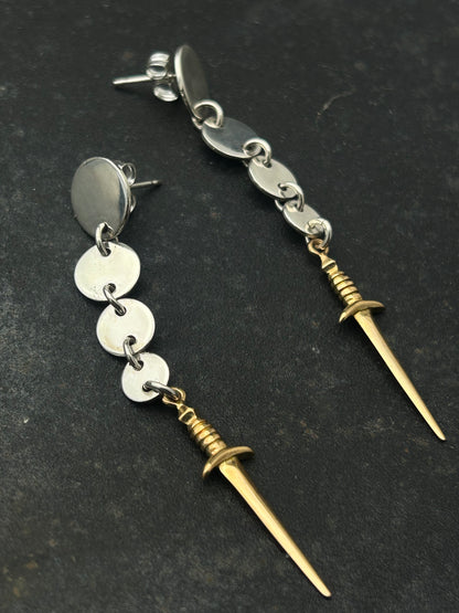 Sterling Silver Circle Post Earrings with Bronze Swords