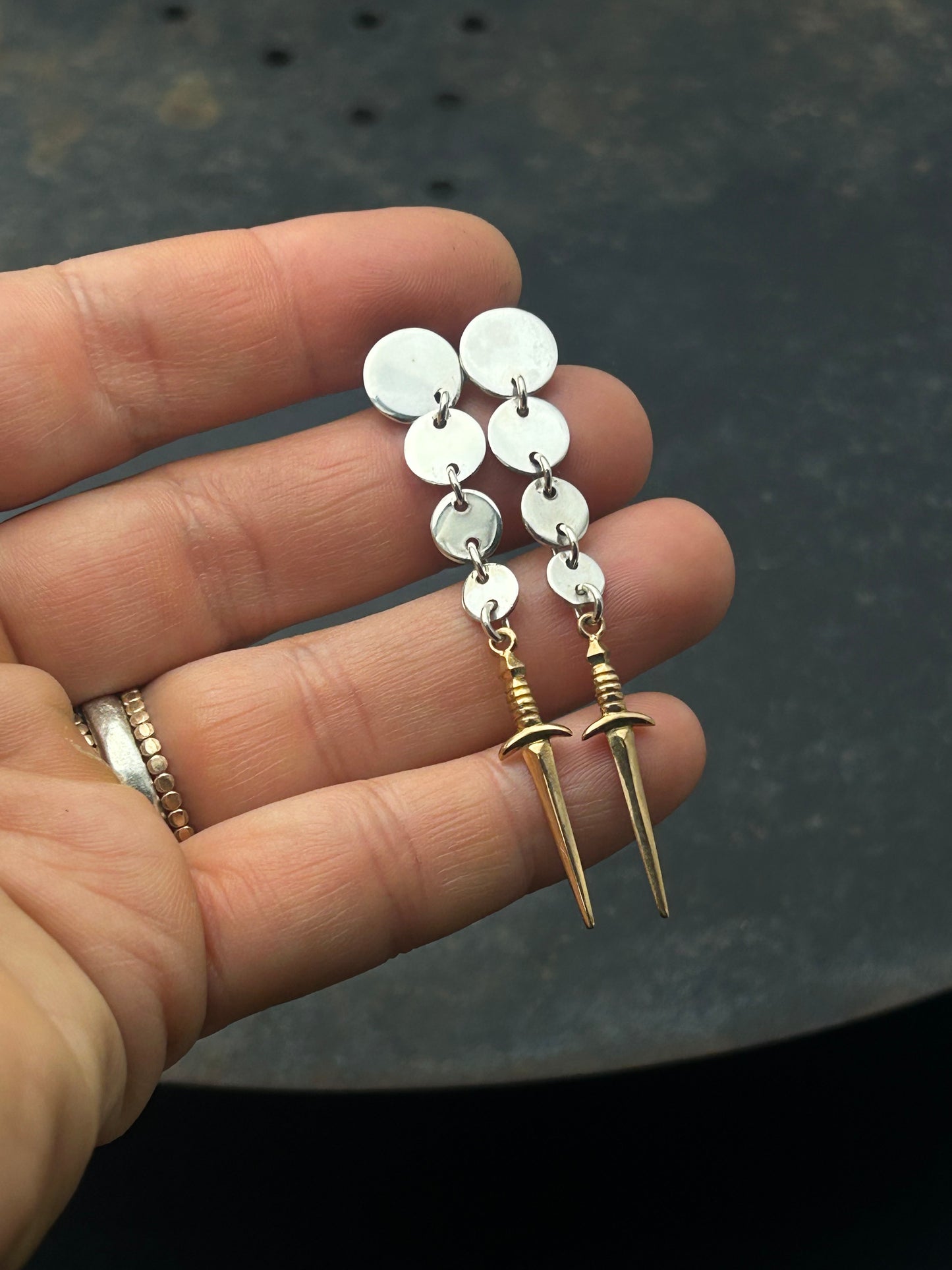 Sterling Silver Circle Post Earrings with Bronze Swords