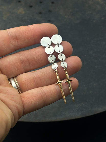 Sterling Silver Circle Post Earrings with Bronze Swords