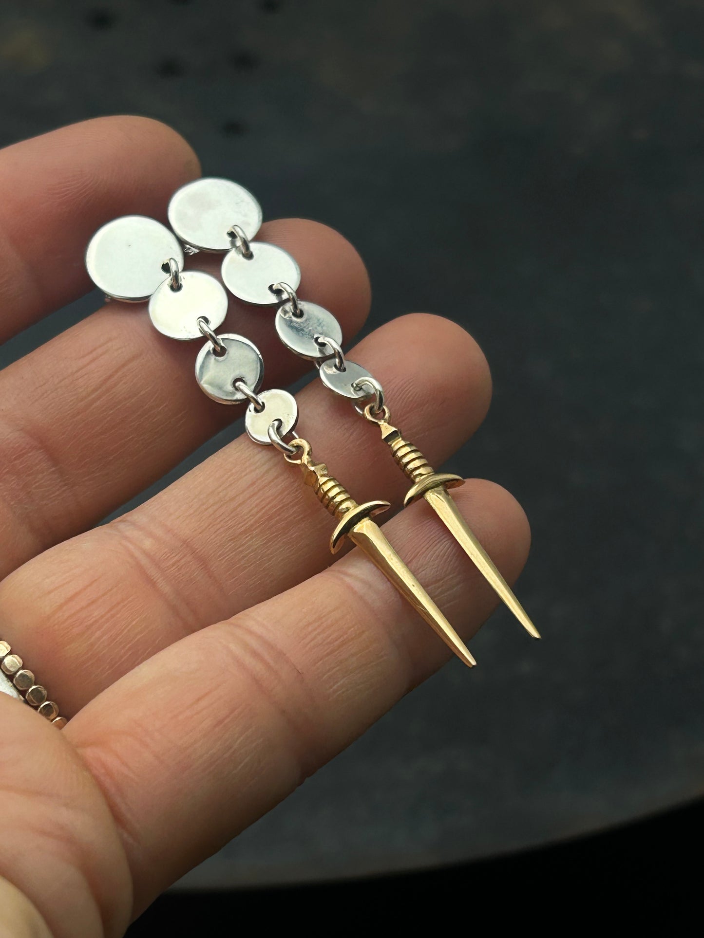 Sterling Silver Circle Post Earrings with Bronze Swords