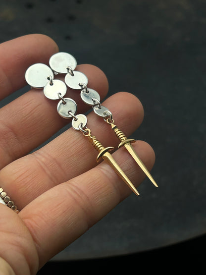 Sterling Silver Circle Post Earrings with Bronze Swords