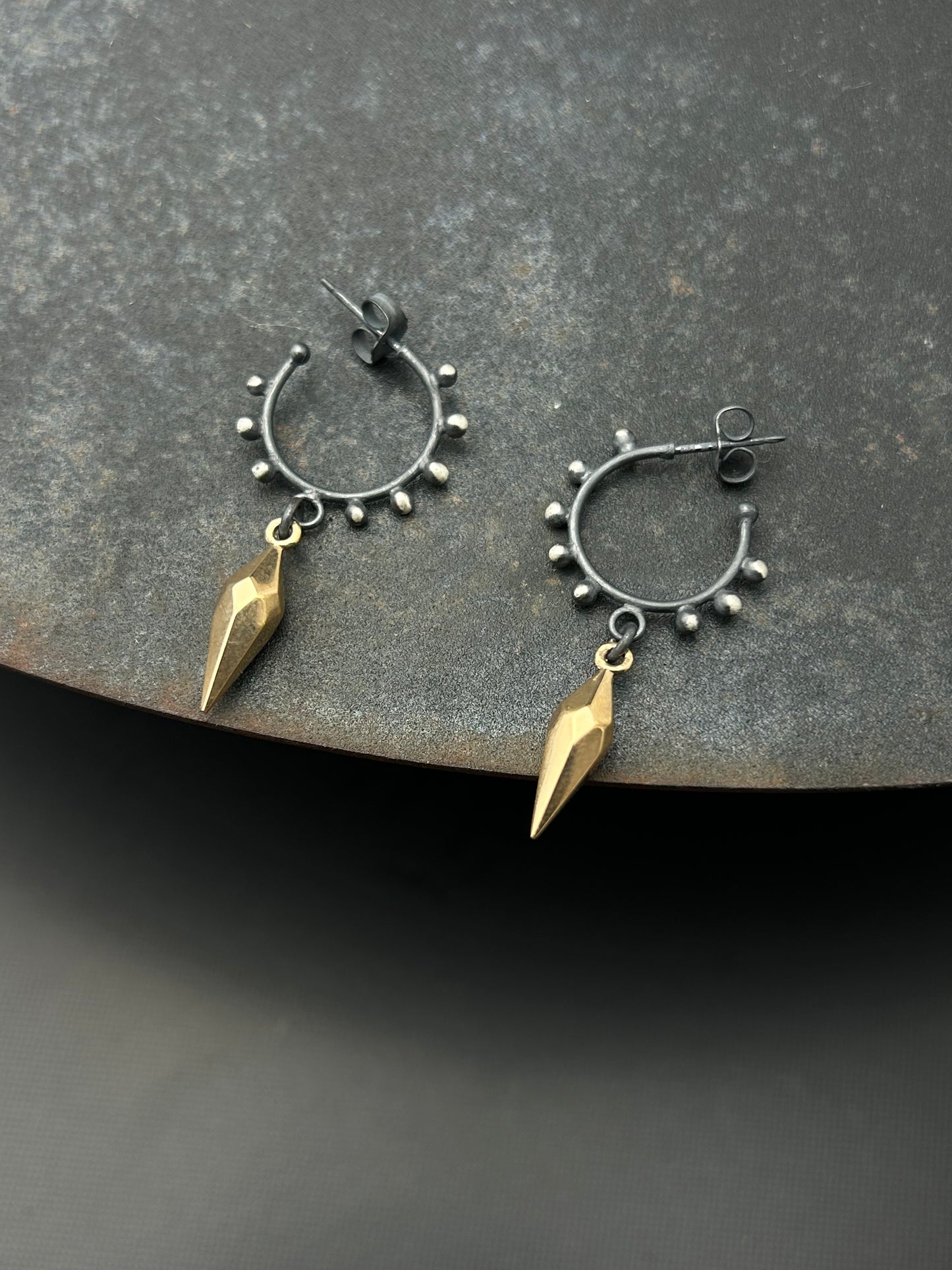 Sterling Silver Granulation Hoop Earrings with Faceted Bronze Spikes