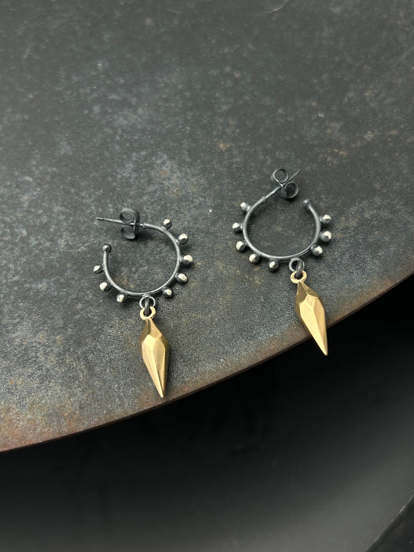 Sterling Silver Granulation Hoop Earrings with Faceted Bronze Spikes