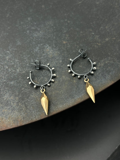 Sterling Silver Granulation Hoop Earrings with Faceted Bronze Spikes
