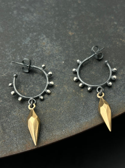 Sterling Silver Granulation Hoop Earrings with Faceted Bronze Spikes