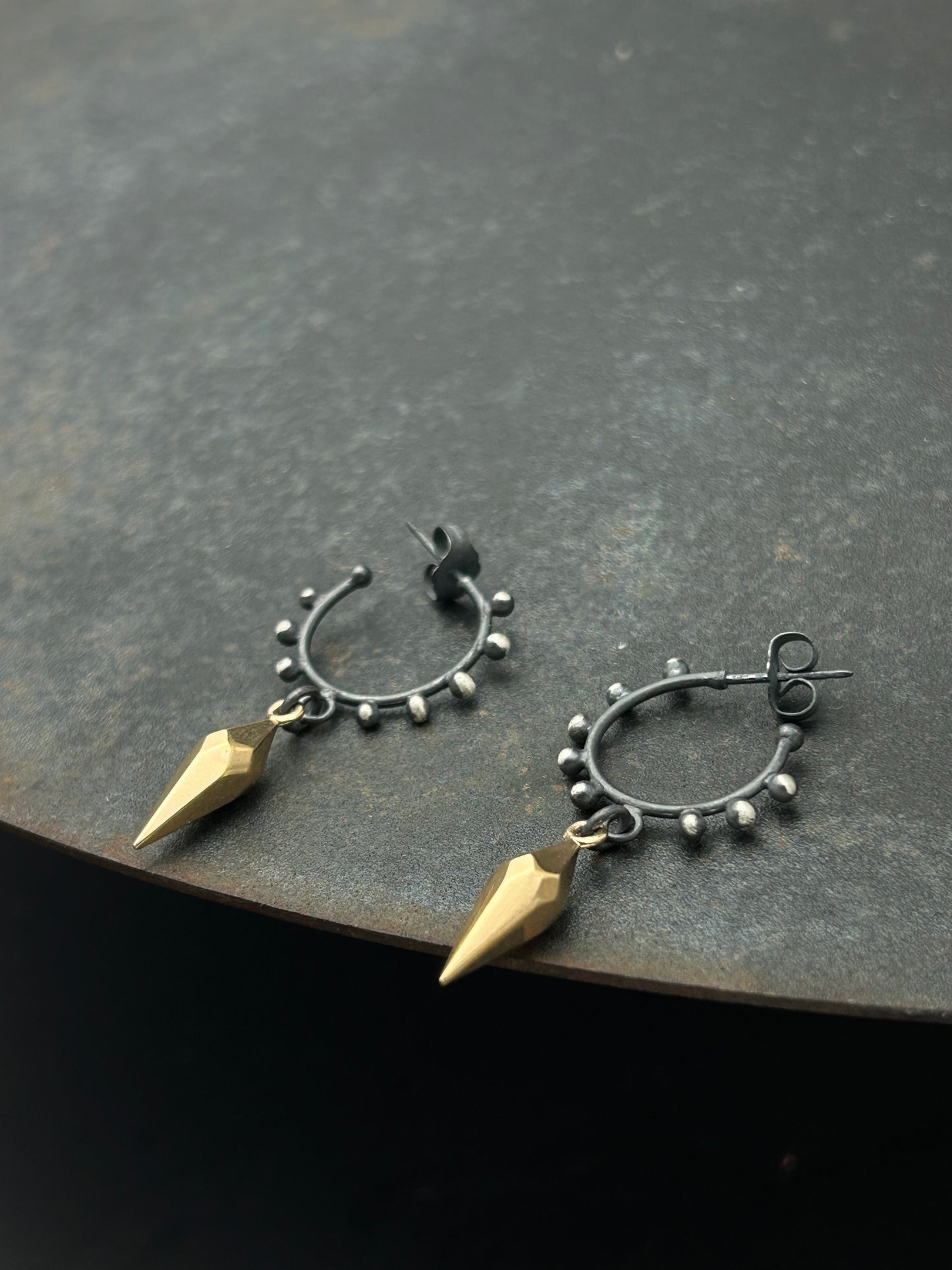 Sterling Silver Granulation Hoop Earrings with Faceted Bronze Spikes