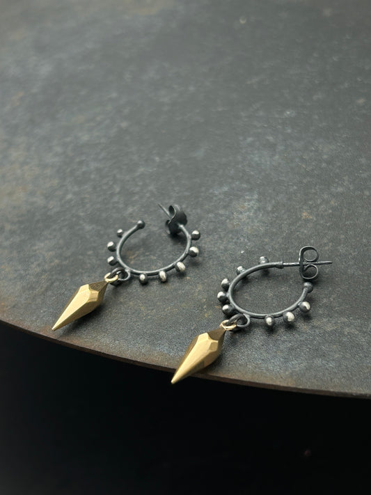 Sterling Silver Granulation Hoop Earrings with Faceted Bronze Spikes