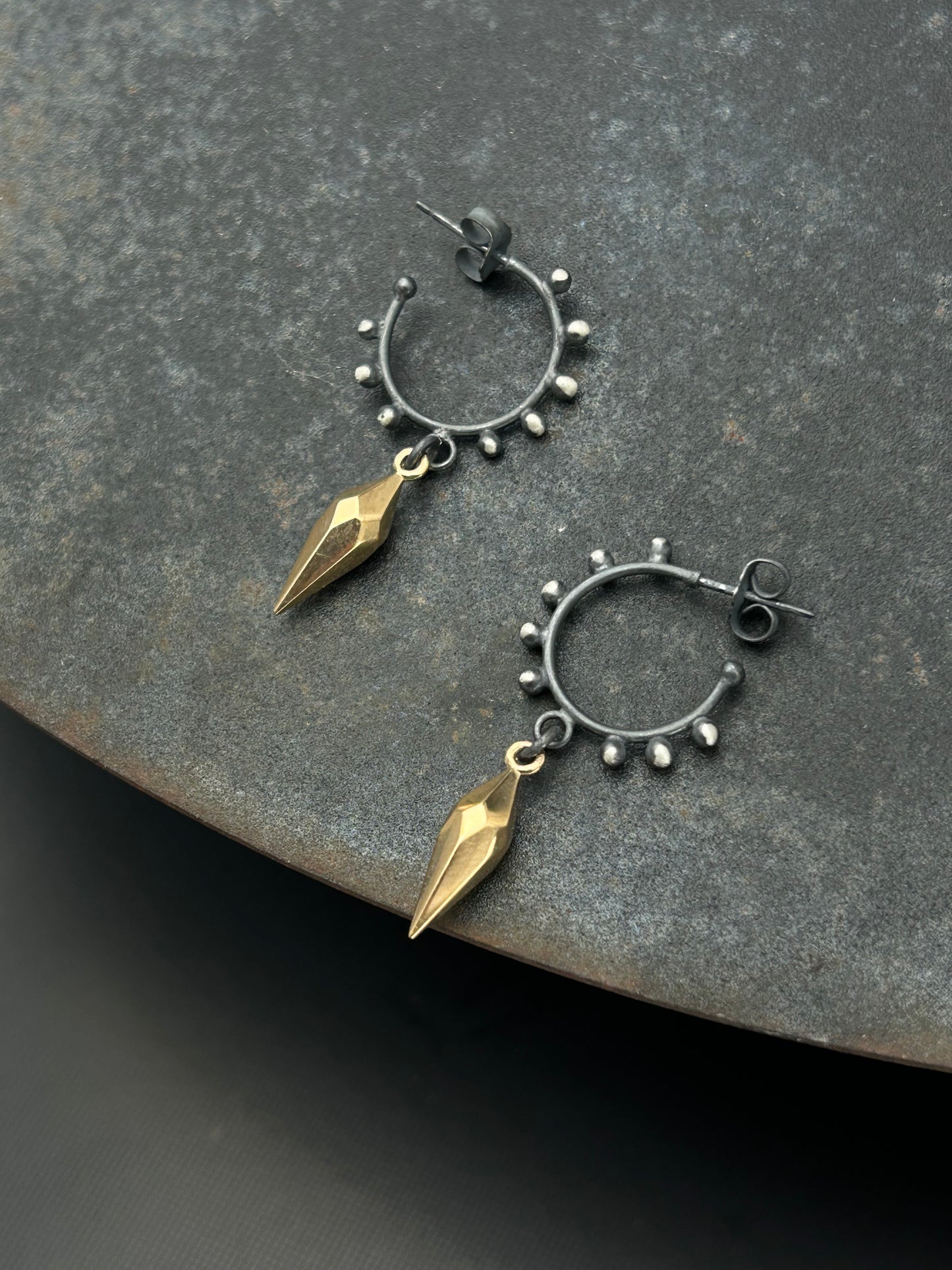 Sterling Silver Granulation Hoop Earrings with Faceted Bronze Spikes