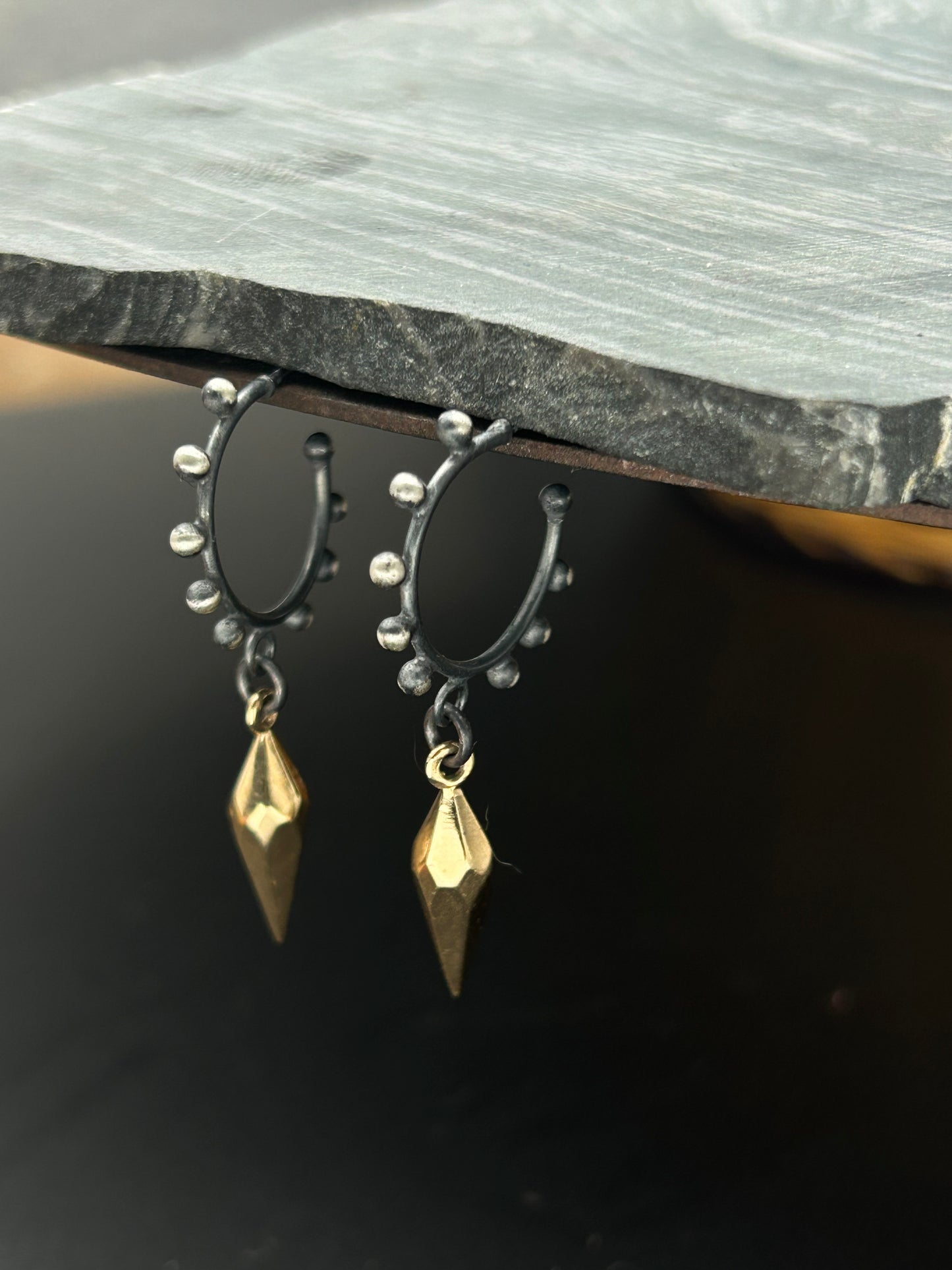 Sterling Silver Granulation Hoop Earrings with Faceted Bronze Spikes