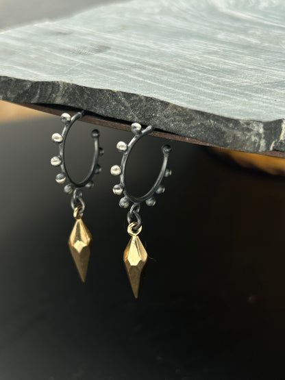 Sterling Silver Granulation Hoop Earrings with Faceted Bronze Spikes