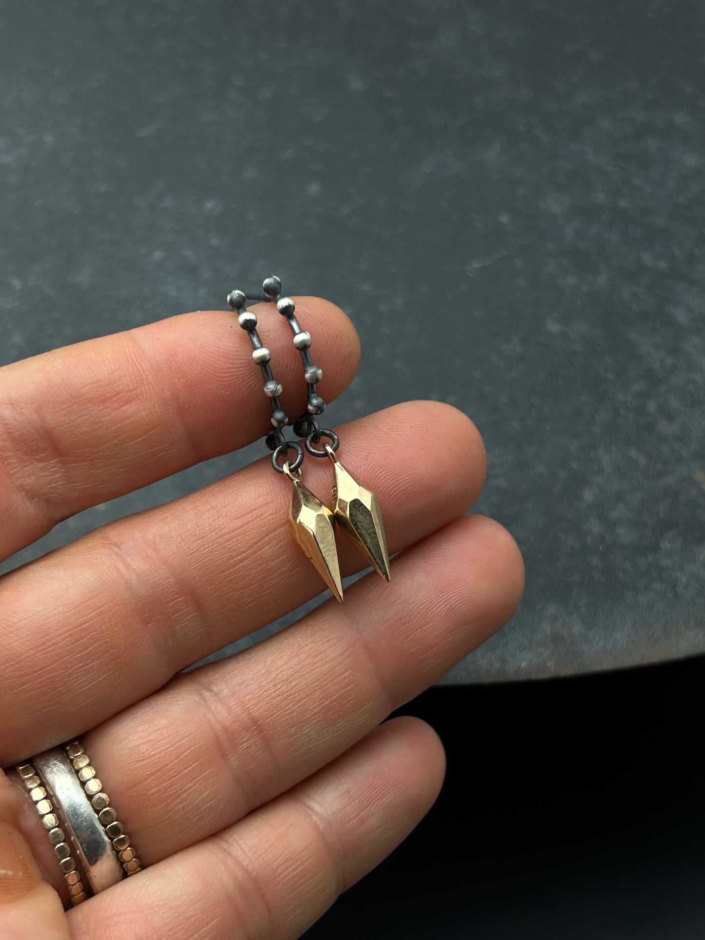 Sterling Silver Granulation Hoop Earrings with Faceted Bronze Spikes
