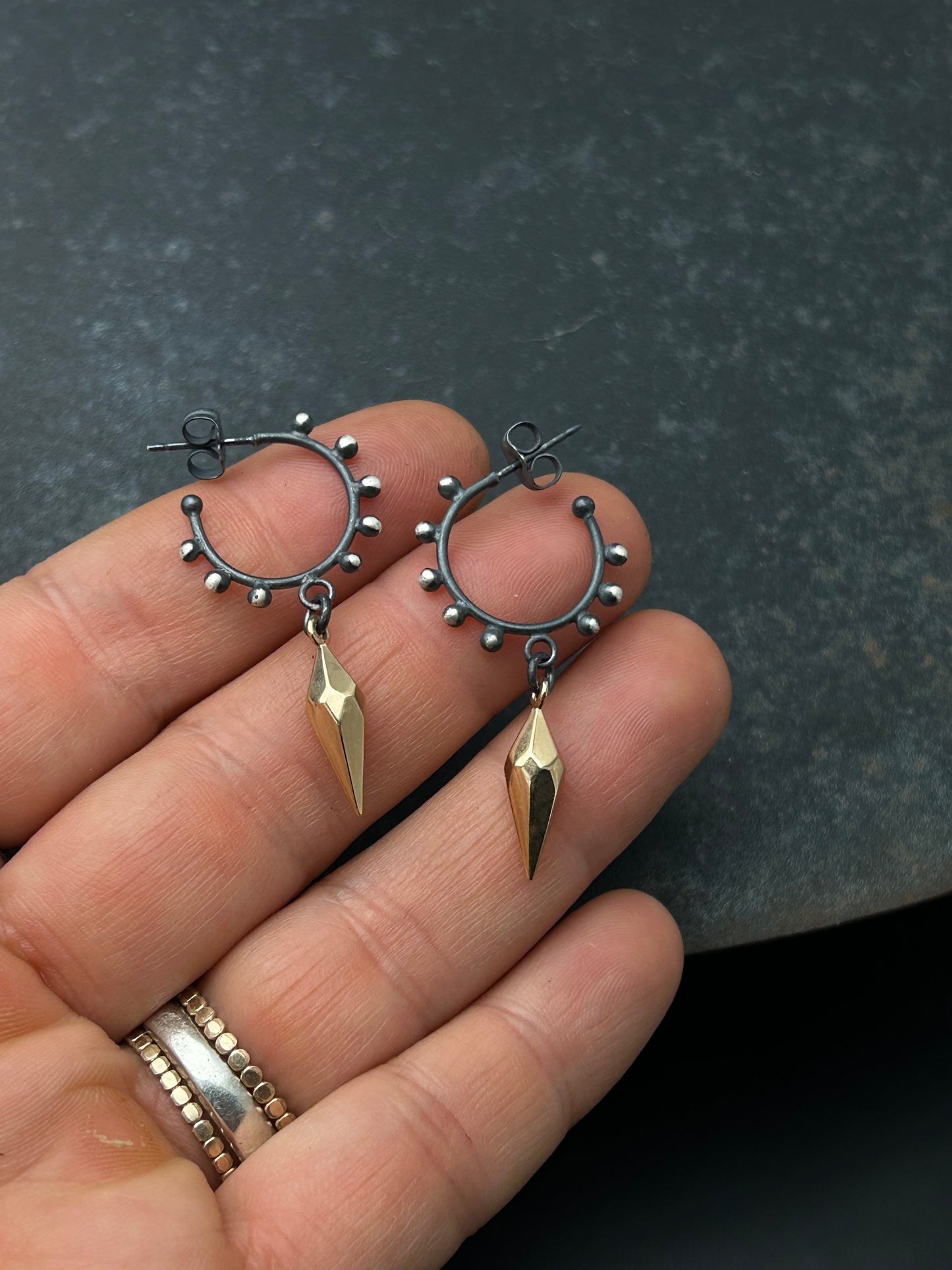 Sterling Silver Granulation Hoop Earrings with Faceted Bronze Spikes