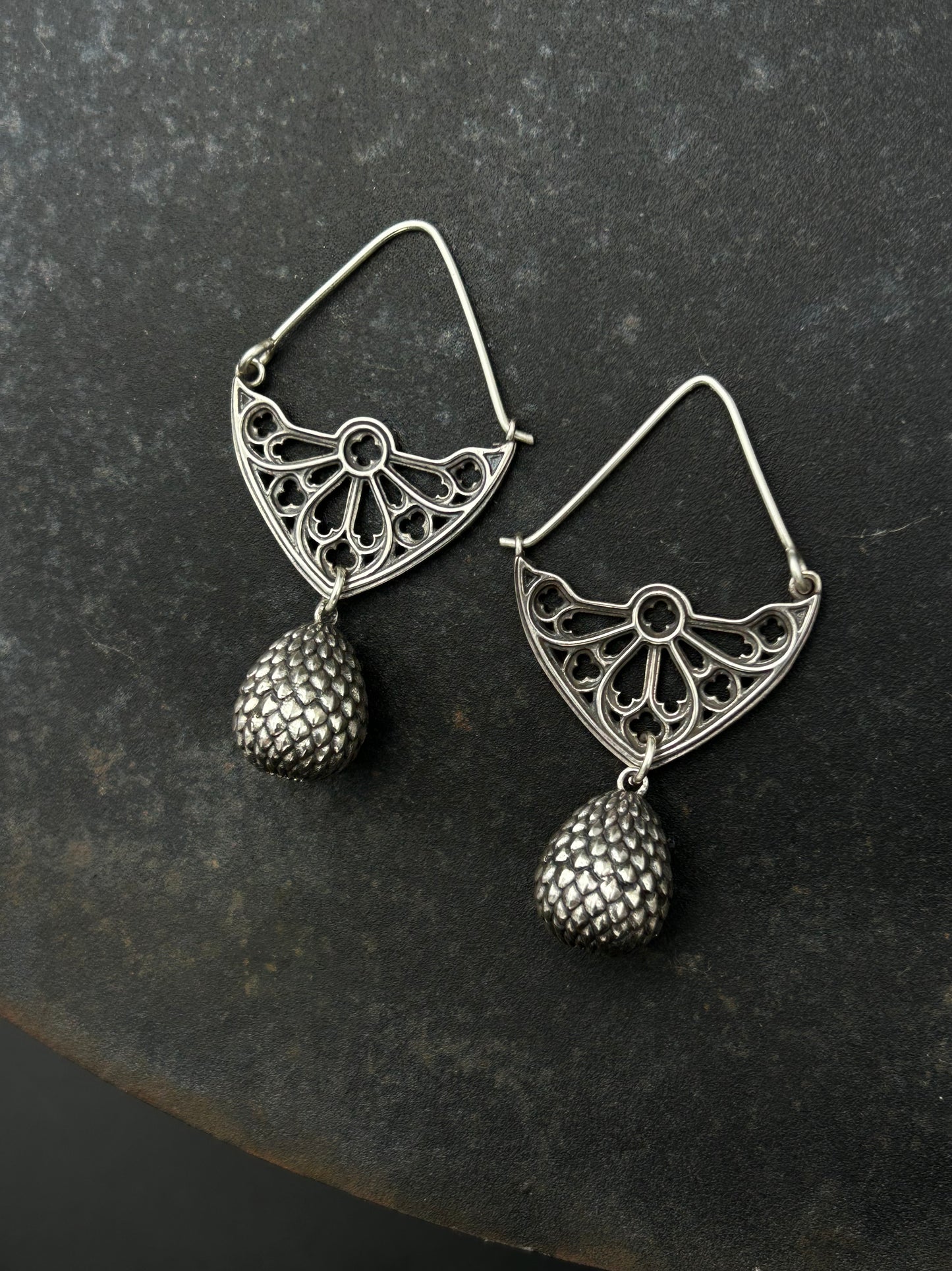 Sterling Silver Gothic Window Hoop Earrings with Dragon Egg Dangles