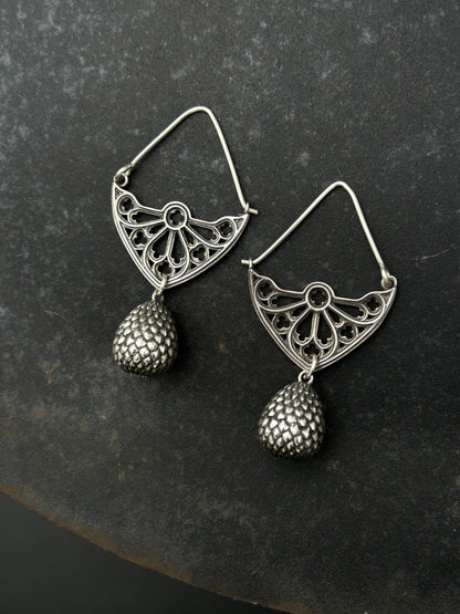 Sterling Silver Gothic Window Hoop Earrings with Dragon Egg Dangles