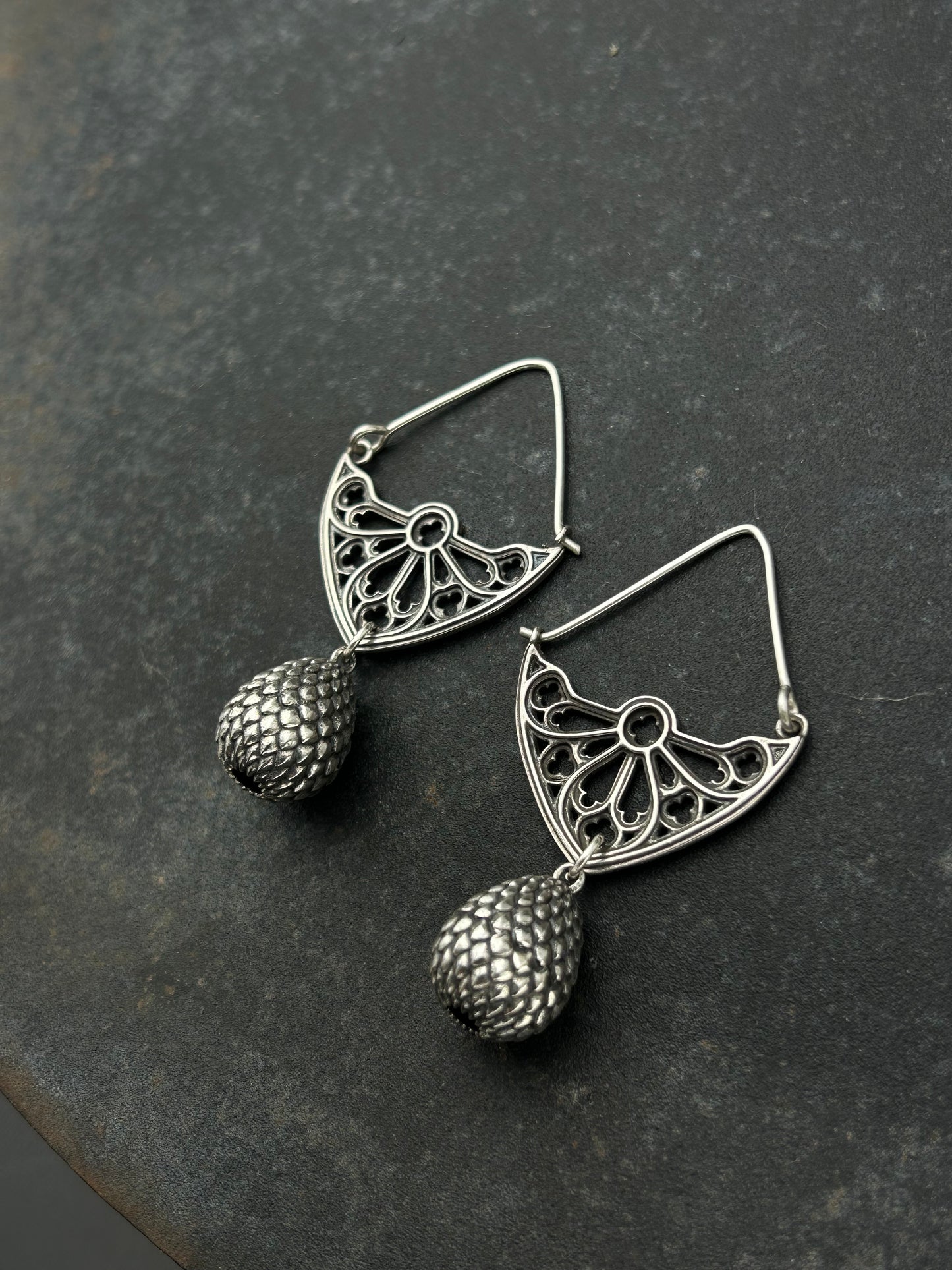Sterling Silver Gothic Window Hoop Earrings with Dragon Egg Dangles