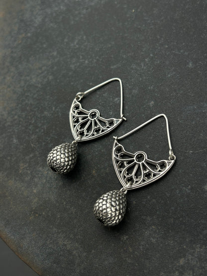 Sterling Silver Gothic Window Hoop Earrings with Dragon Egg Dangles