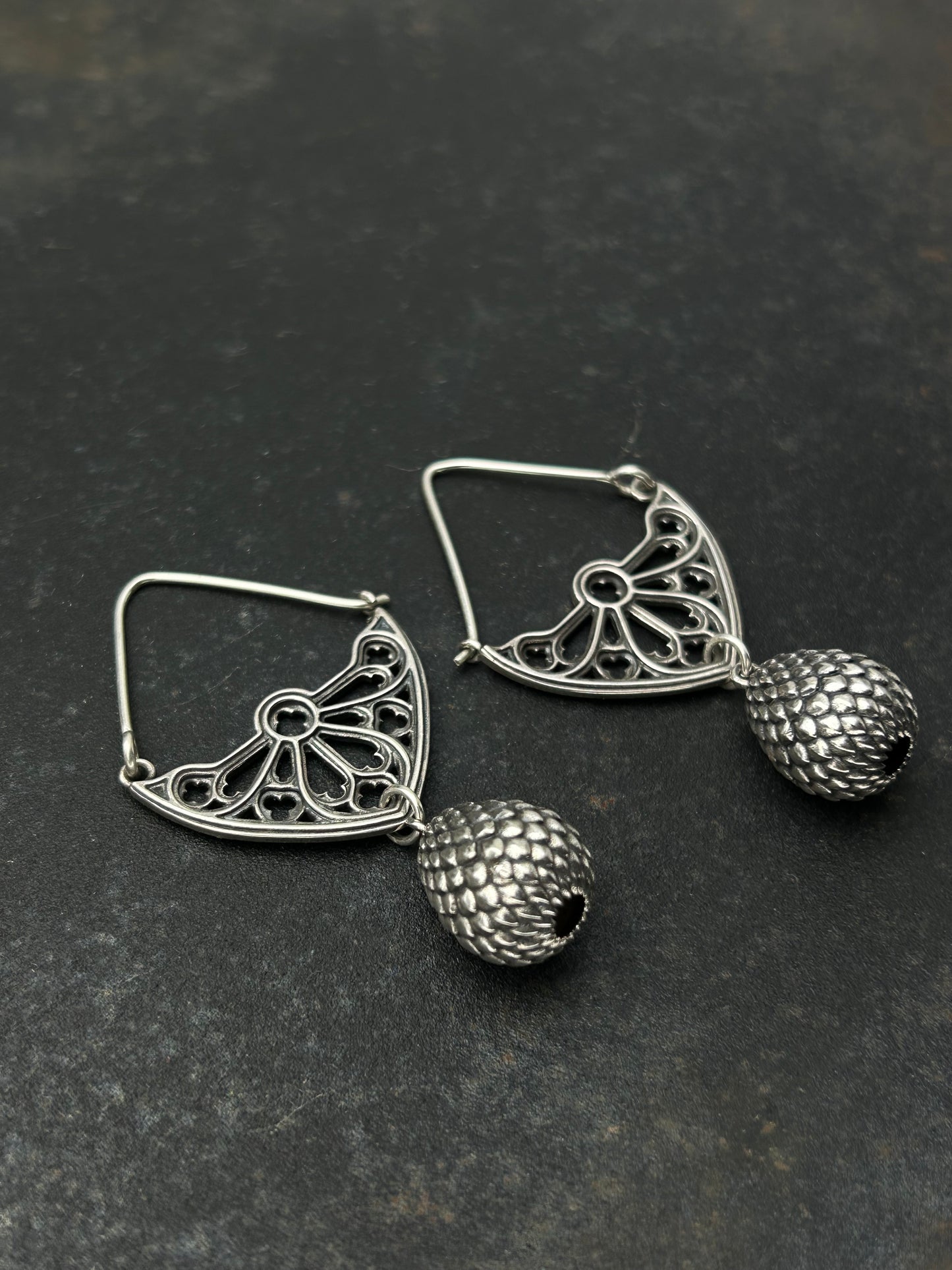 Sterling Silver Gothic Window Hoop Earrings with Dragon Egg Dangles