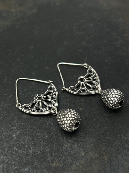 Sterling Silver Gothic Window Hoop Earrings with Dragon Egg Dangles