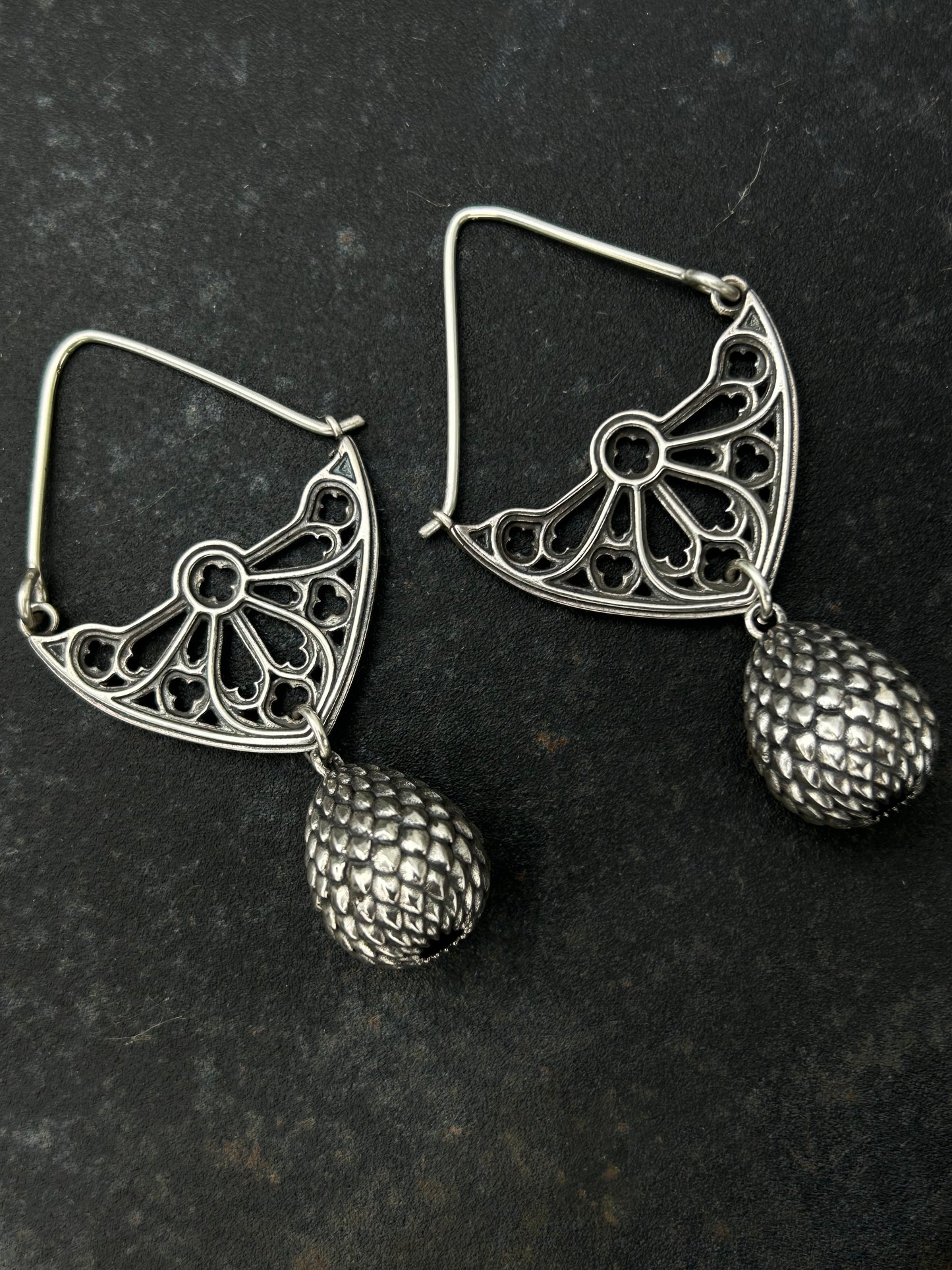 Sterling Silver Gothic Window Hoop Earrings with Dragon Egg Dangles
