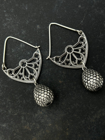 Sterling Silver Gothic Window Hoop Earrings with Dragon Egg Dangles