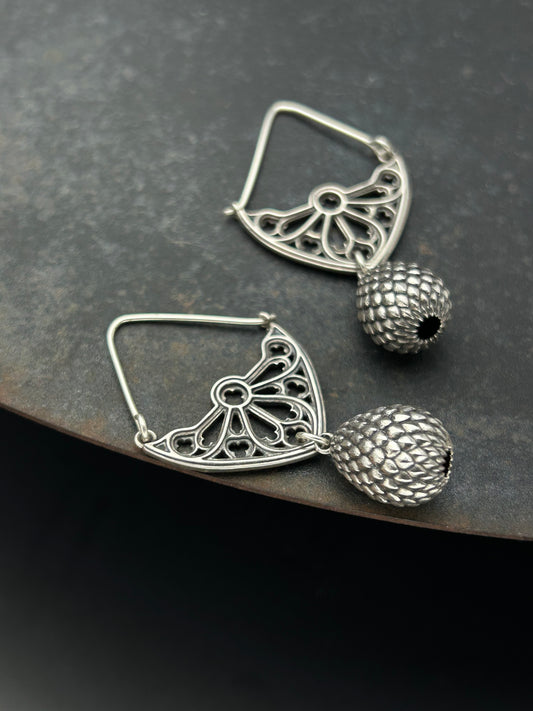 Sterling Silver Gothic Window Hoop Earrings with Dragon Egg Dangles
