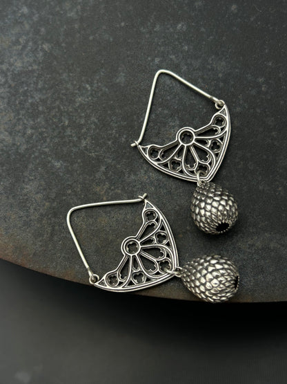 Sterling Silver Gothic Window Hoop Earrings with Dragon Egg Dangles