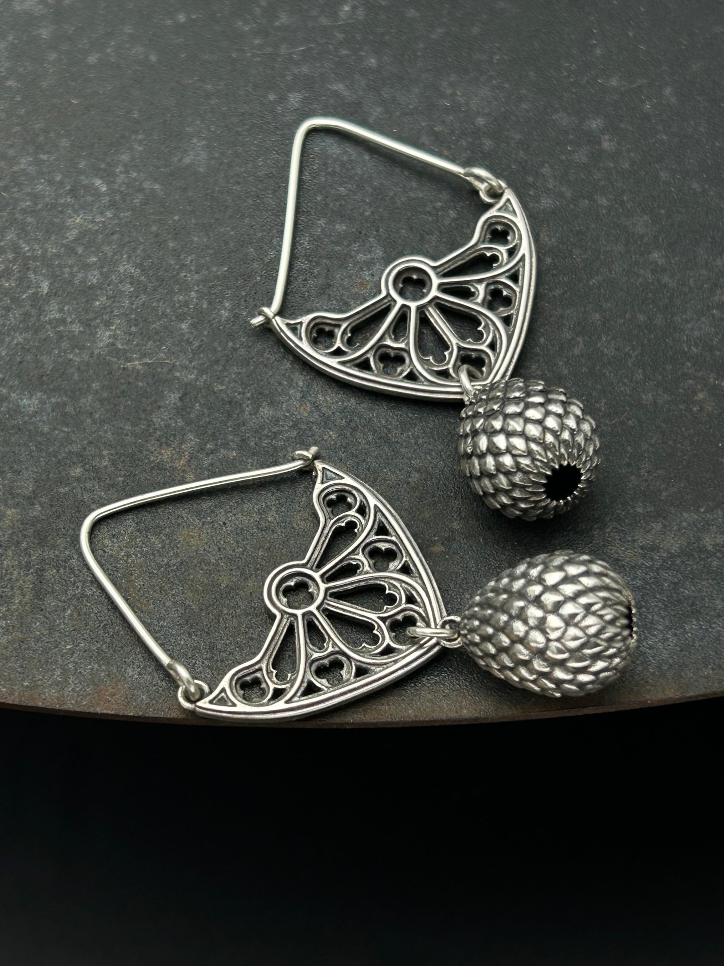 Sterling Silver Gothic Window Hoop Earrings with Dragon Egg Dangles