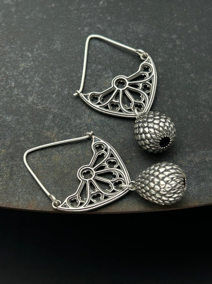 Sterling Silver Gothic Window Hoop Earrings with Dragon Egg Dangles