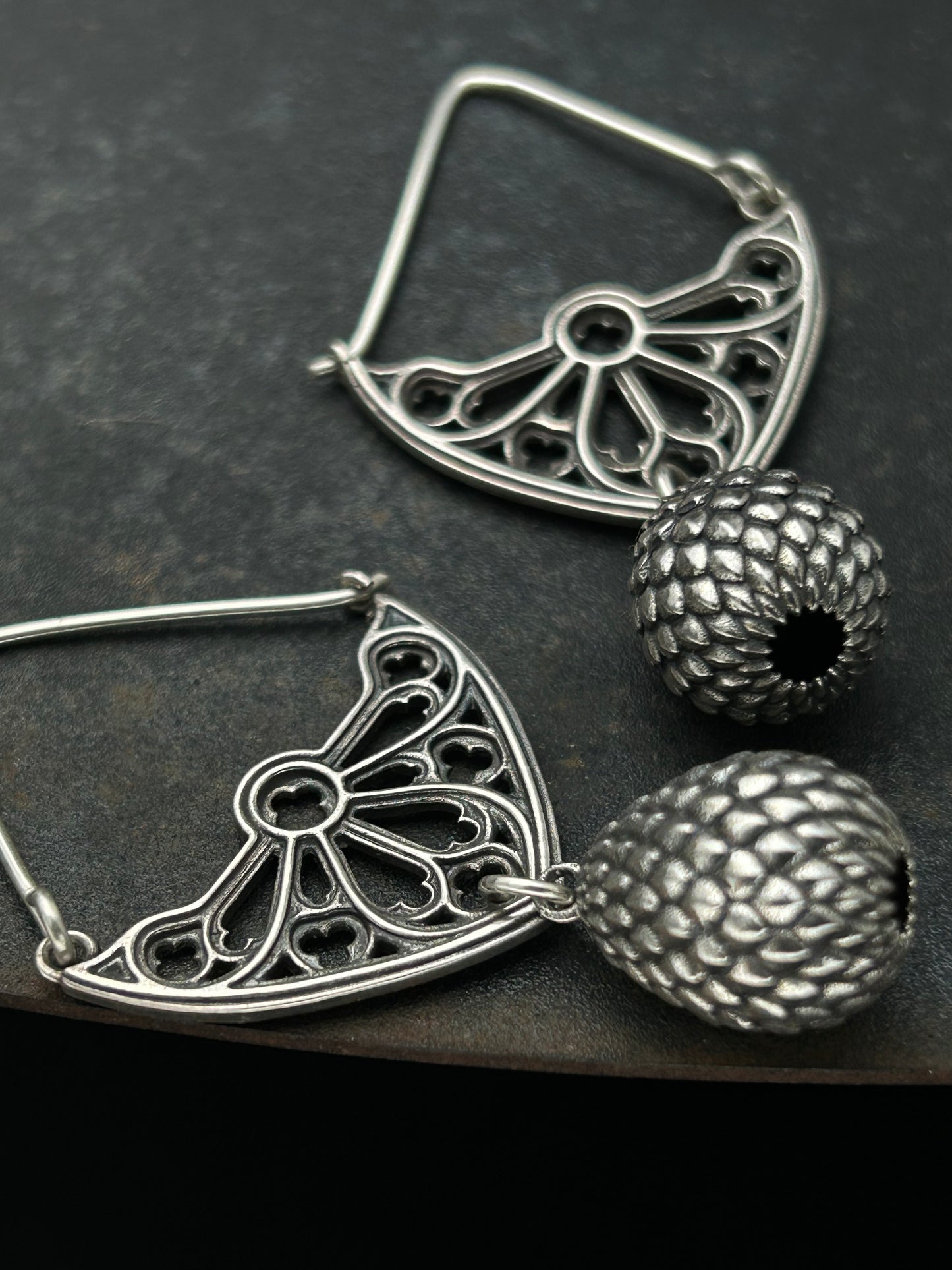 Sterling Silver Gothic Window Hoop Earrings with Dragon Egg Dangles