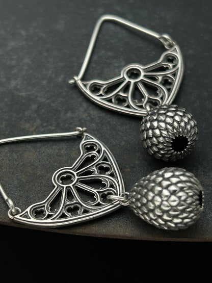 Sterling Silver Gothic Window Hoop Earrings with Dragon Egg Dangles