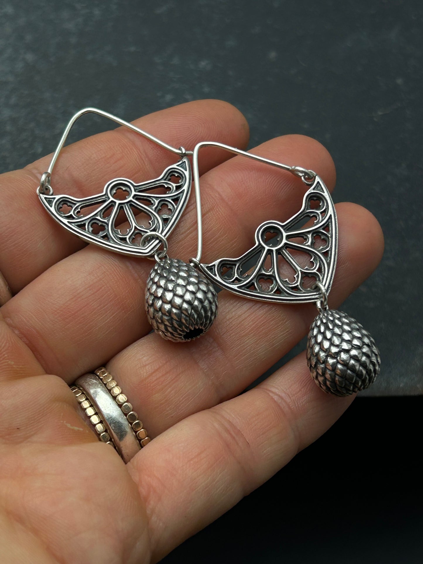Sterling Silver Gothic Window Hoop Earrings with Dragon Egg Dangles