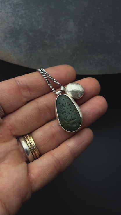 Dark Teal Beach Pebble Necklace with Sterling Silver Nugget