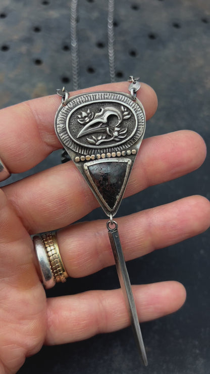 Sterling Silver Raven Skull Necklace with Jasper and Long Spike