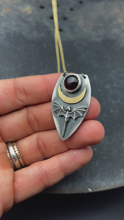Sterling Silver Dragon Necklace with Bronze Moon and Granet