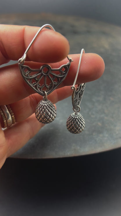 Sterling Silver Gothic Window Hoop Earrings with Dragon Egg Dangles
