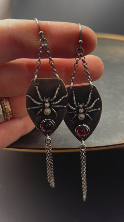 Sterling Silver Tarantula Earrings with Garnets