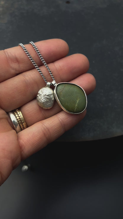 Olive Beach Pebble Necklace with Sterling Silver Nugget