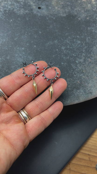 Sterling Silver Granulation Hoop Earrings with Faceted Bronze Spikes